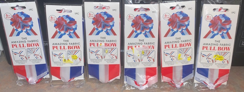 Lot Of 6~The Amazing Fabric Pull Bows~6″~Red White Blue~Memorial Day~July 4th