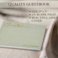 Elegant Sage Wedding Guest Book, 50 Pages, Linen Cover, 9×7 inches
