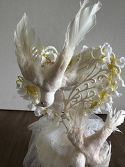 Vintage White Doves Heart Tulle Flowers Wedding Rings Cake Topper 11”