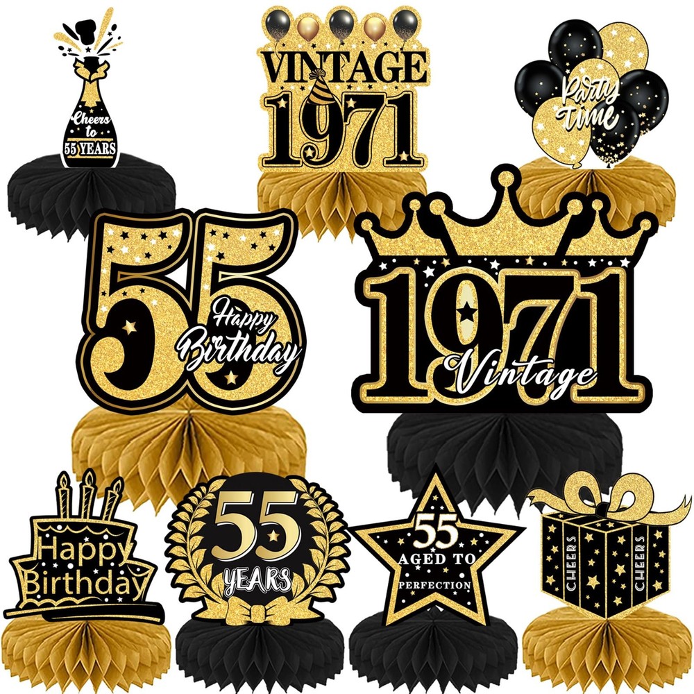 Refavor 55th Birthday Decorations for Men – 9PCS Vintage Black Gold
