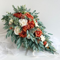 Cascading Wedding Bouquet Bunt Orange Rust Ivory Eucalyptus Gum Autumn Cascade