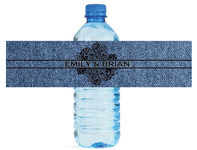 Denim & Black Lace wedding anniversary Engagement Birthday Water Bottle Labels