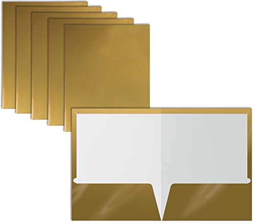 2 Pocket Glossy Laminated Metallic Gold Paper Folders, Letter Size, 25 Pack,
