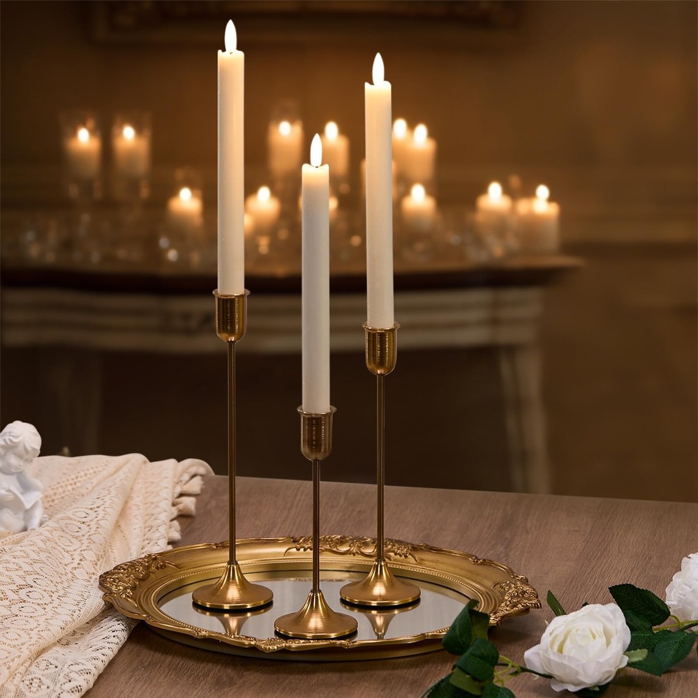 Candlestick Holders, Gold Metal Taper Candle Holders Set of 3, Brass