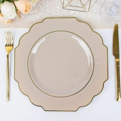 10 Taupe 12″ Baroque PLASTIC DINNER PLATES with Gold Rim Party Event Decorations