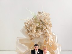Vintage ‘60s Bride & Groom Cake Topper–Cotton Flowers, Ribbon, Lace, Plastic