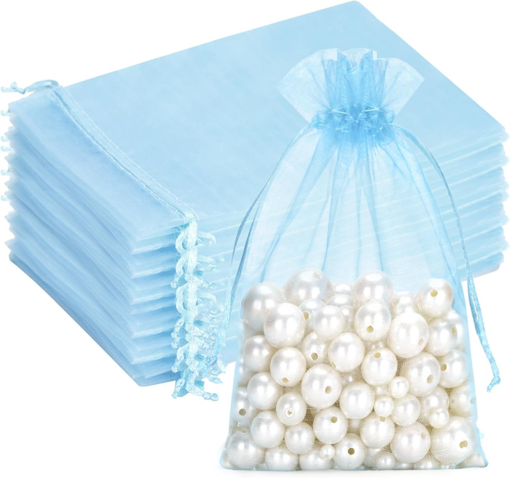 25PCS Blue Organza Bags 5×7 inches – Sheer Mesh Jewelry Pouches, Baby Blue Organ