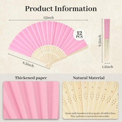 JOHOUSE 12 Pcs Foldable Hand Fan, 8.3 Inch Pink Paper Fans for Medium,