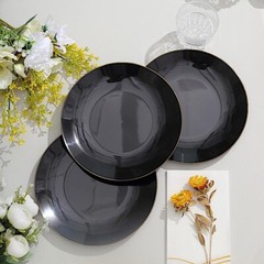 BLACK 10 Glossy 8″ Round Plastic Salad PLATES Gold Rim Party Events Decorations