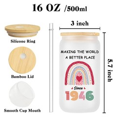 WOSIWULA 80th Birthday Gifts Glass Cup with Lid and Straw, 1946 80 Year Old B…