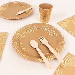 72 NATURAL Disposable Paper TABLEWARE SET GOLD Palm Leaves Print Party Events