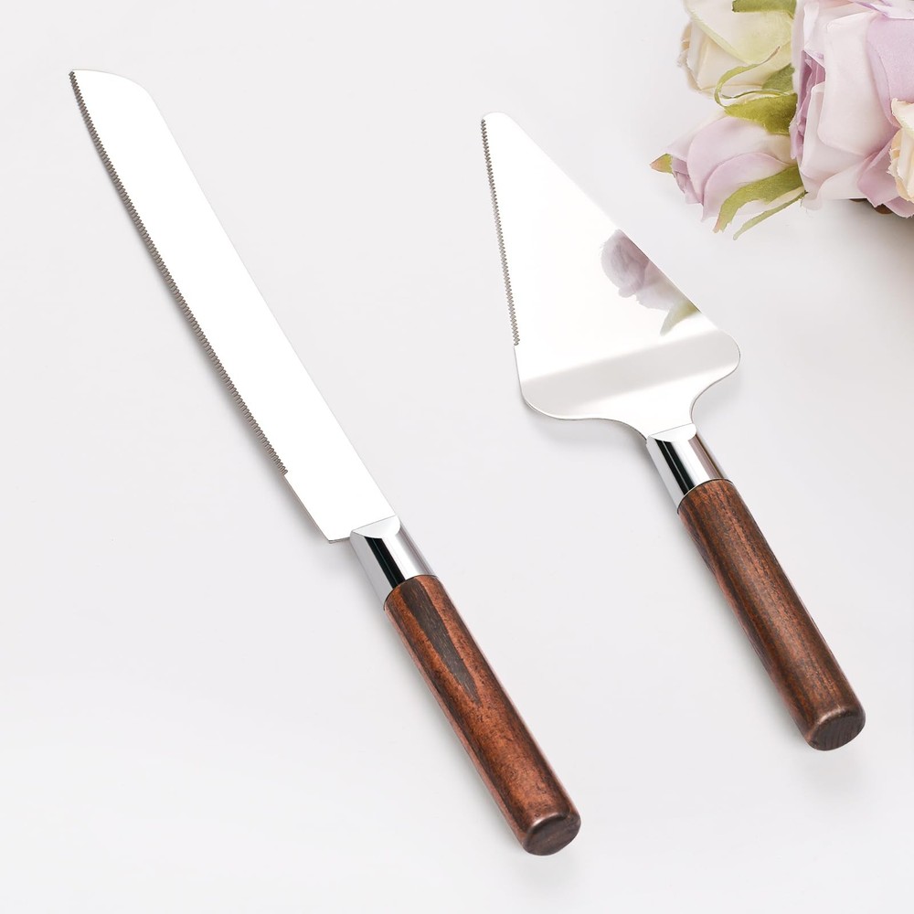 TUKDAK Cake Cutting Set for Wedding, Wood 10.2 inches, Walnut-silver