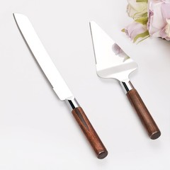 TUKDAK Cake Cutting Set for Wedding, Wood 10.2 inches, Walnut-silver