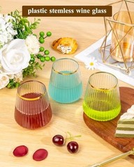 Pack 12oz Stemless Plastic Wine Glasses – Clear Ribbed Cups 36 Clear and Gold