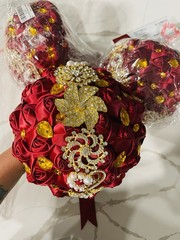 Artificial Red Rose Wedding Bouquet w/ Gold Rhinestone Brooch, Fabric & Plastic