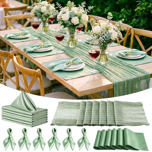 19 Pcs Sage Green Table Runner Sets, 6 Placemats 6 Square Napkins with Napkin
