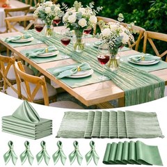 19 Pcs Sage Green Table Runner Sets, 6 Placemats 6 Square Napkins with Napkin