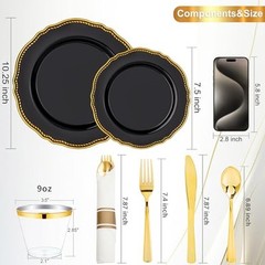 175pcs Black and gold Plastic Plates – Black and Gold 175 Pieces (25 Guests)