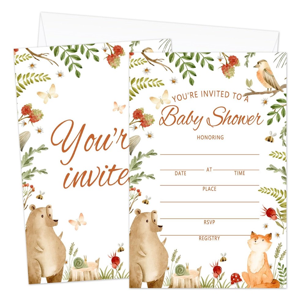 AWDSTN Woodland Baby Shower Invitations with 4×6 inches, white, brown