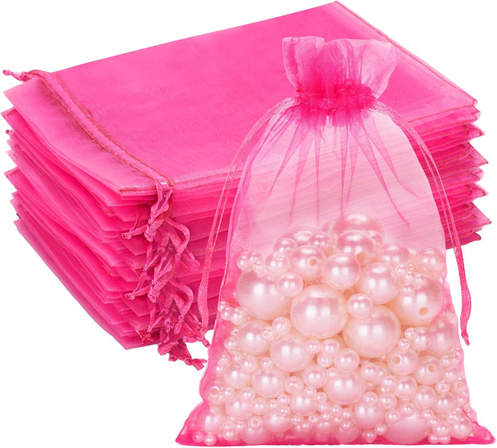 25PCS Rose Red Organza Bags 5×7 inches – Sheer Mesh Jewelry Pouches, Organza Gif