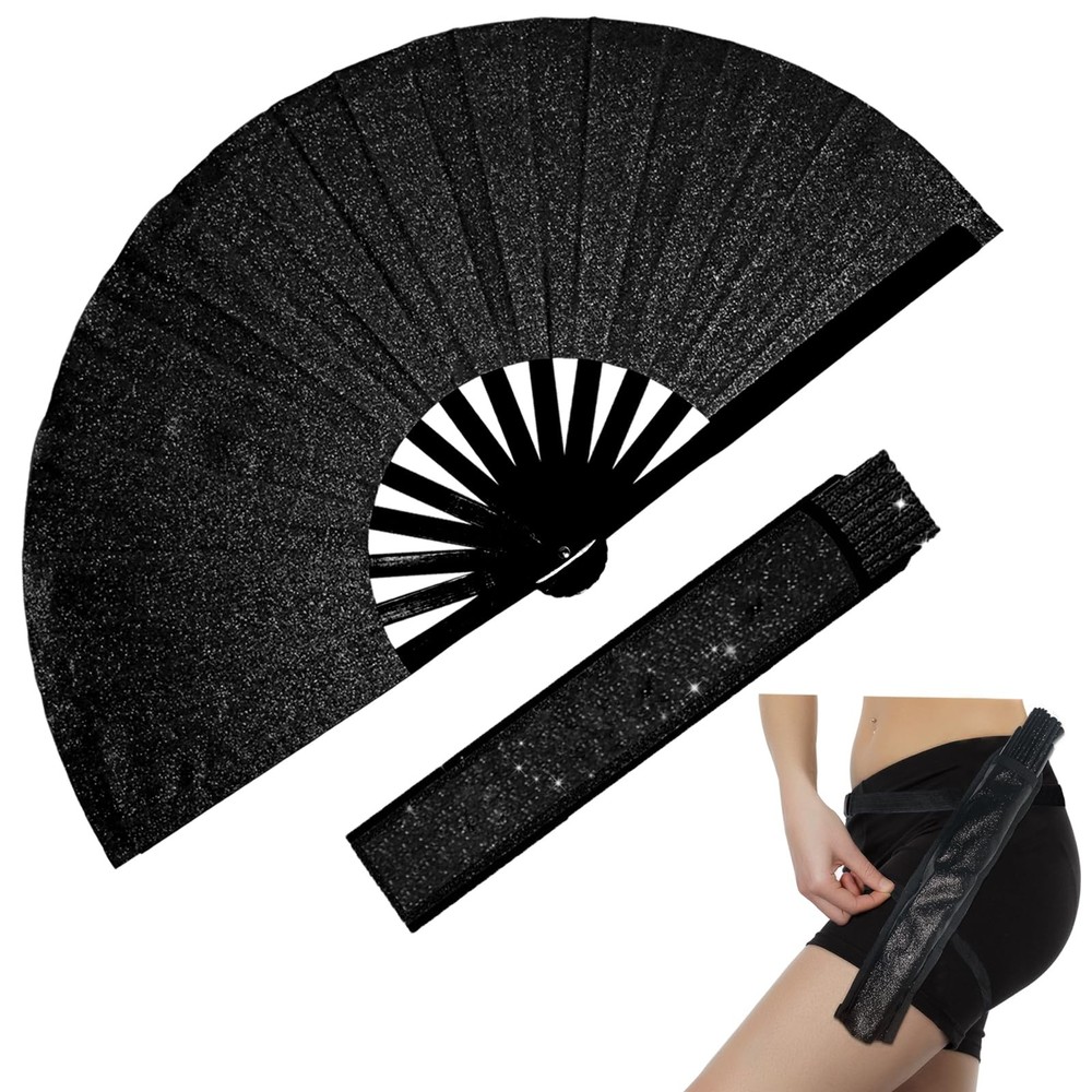 dmjuncong Large Folding Glitter Rave Fan,Clack Handheld Fan with 13in, Black