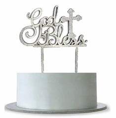 God Bless, Christening Cake Topper, Religious, Baptism Decorations, Wood Glitter
