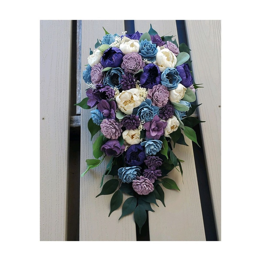 Purple Lavender Blue Bridal Bouquet Cascade Artificial Sola Wood Wedding Flowers