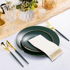 175 Pieces Green Gold Plastic Dinnerware Set, Green and Gold Disposable Plates