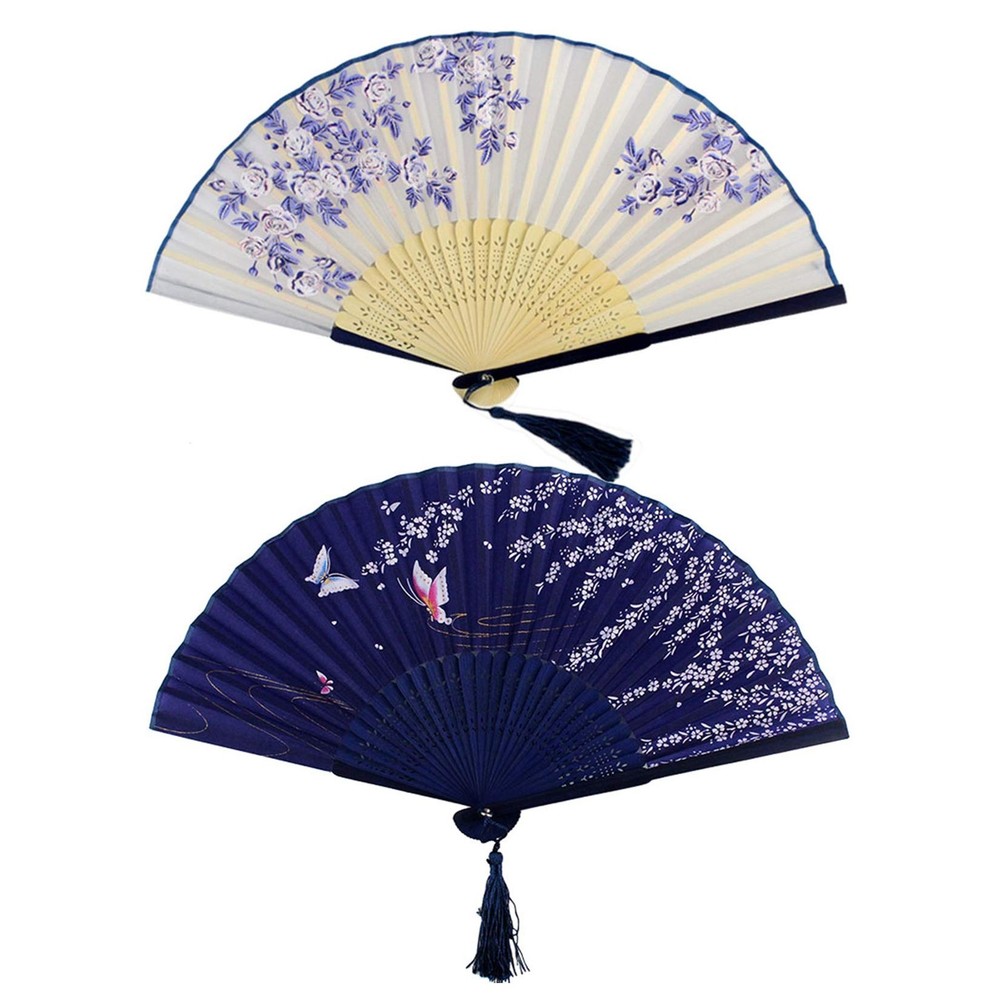 Bantoye 2 Pieces Handheld Fans, Silk Folding Fans with Bamboo White Blue