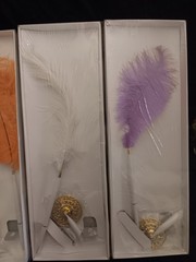 3 New Ballpoint Ostrich Feather Pen Plume Purple Orange White Gold Stand Wedding