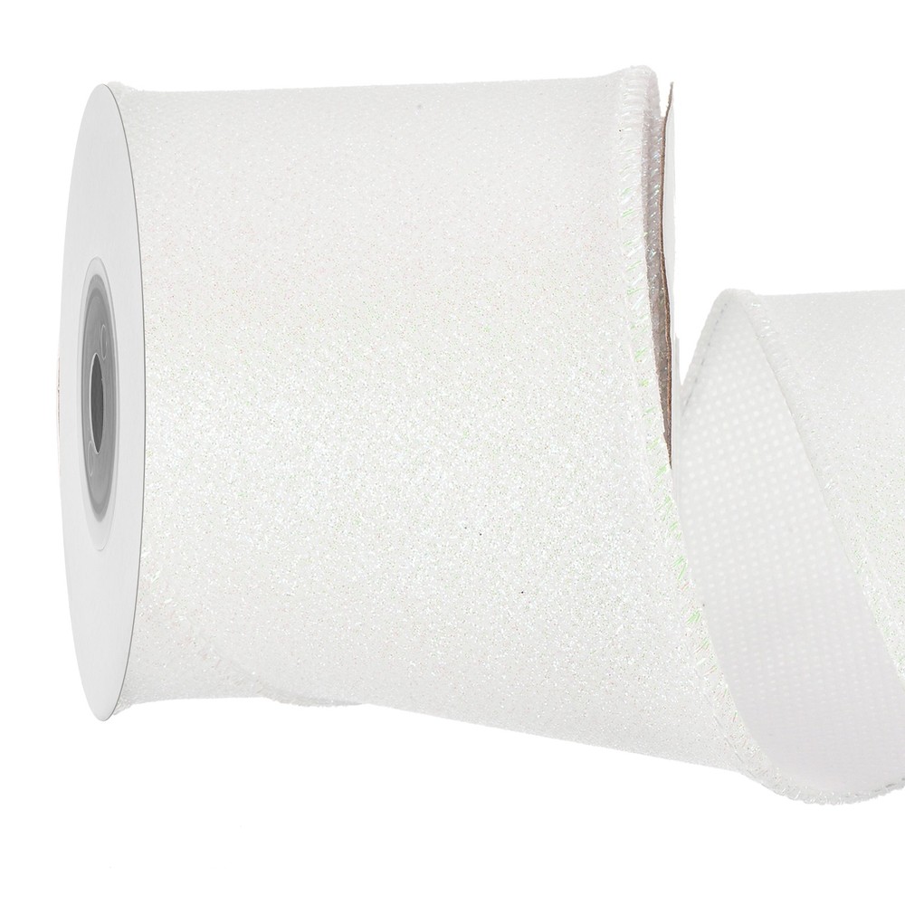 2.5 Inch Glitter Wired Ribbon, White Sparkly Iridescent Ribbon 5 Yard