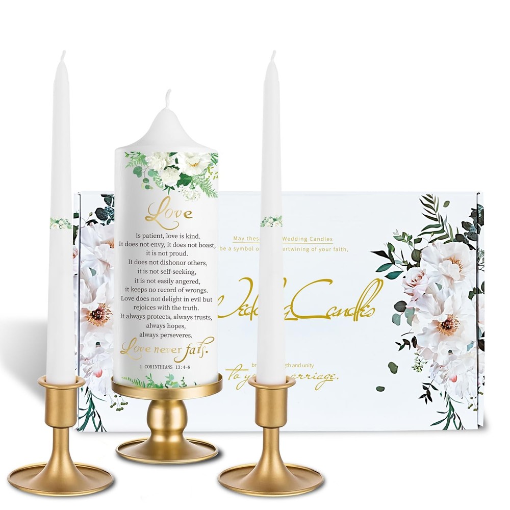 3 Unity Floral Candles for Wedding Ceremony Set with Gold Candle Holders, Bib…