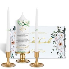 3 Unity Floral Candles for Wedding Ceremony Set with Gold Candle Holders, Bib…