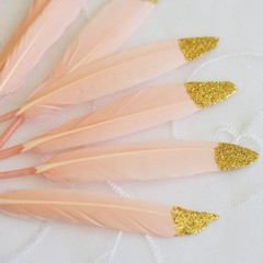 90 BLUSH Glittered Gold Tip Natural Turkey Feathers Wedding Party Decorations