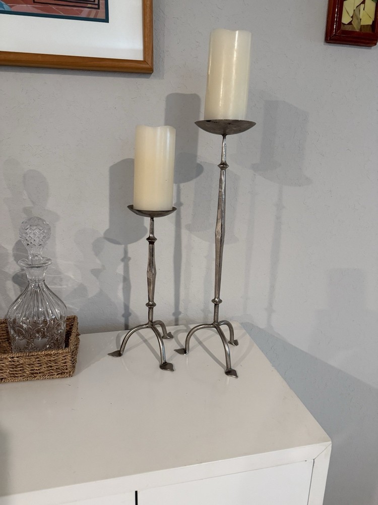 WROUGHT ALUMINUM CANDLE HOLDERS TRIPOD BASE SILVER Set of 2 18”& 12”