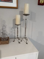 WROUGHT ALUMINUM CANDLE HOLDERS TRIPOD BASE SILVER Set of 2 18”& 12”