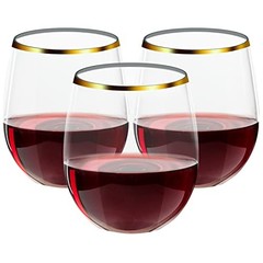 32 Pack 12 OZ Plastic Wine Glasses, Stemless Disposable Wine 12OZ-32-Gold Rim
