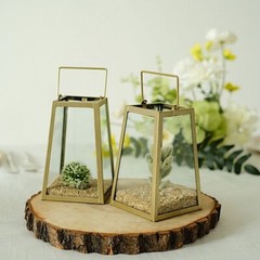 2 Gold Clear 6 in Glass Geometric Metal Lantern CANDLE HOLDERS Party Decorations
