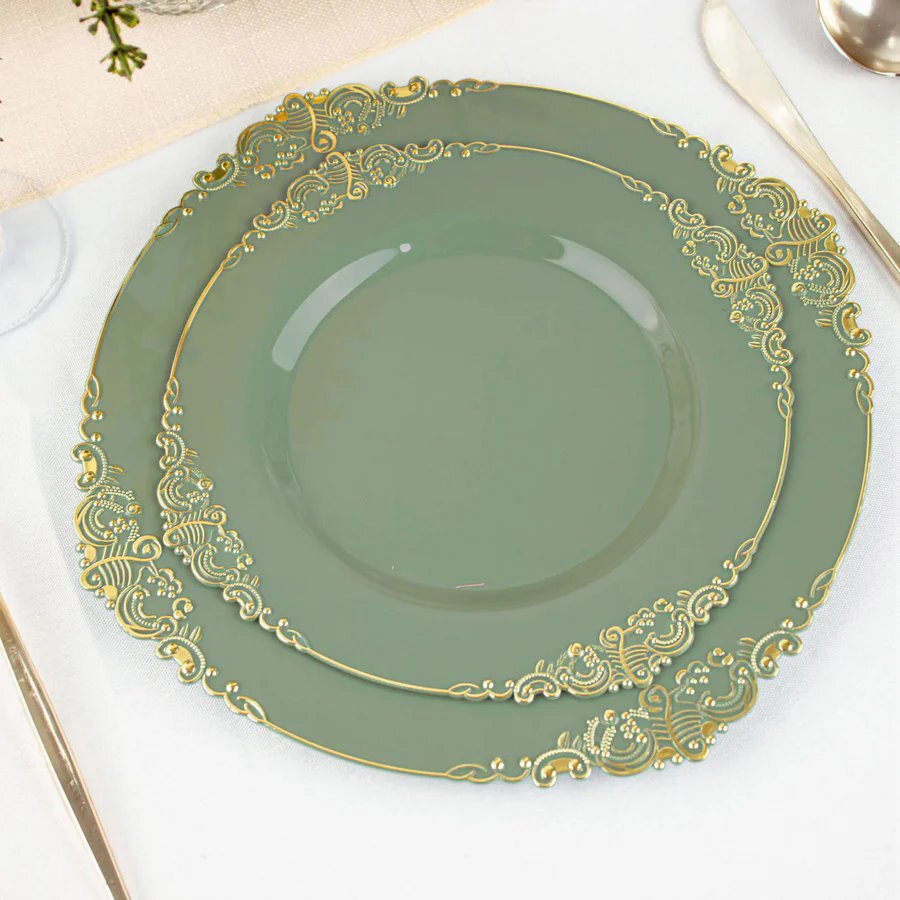 10 DUSTY SAGE GOLD 8″ Round Plastic Salad Dinner PLATES Embossed Baroque Rim