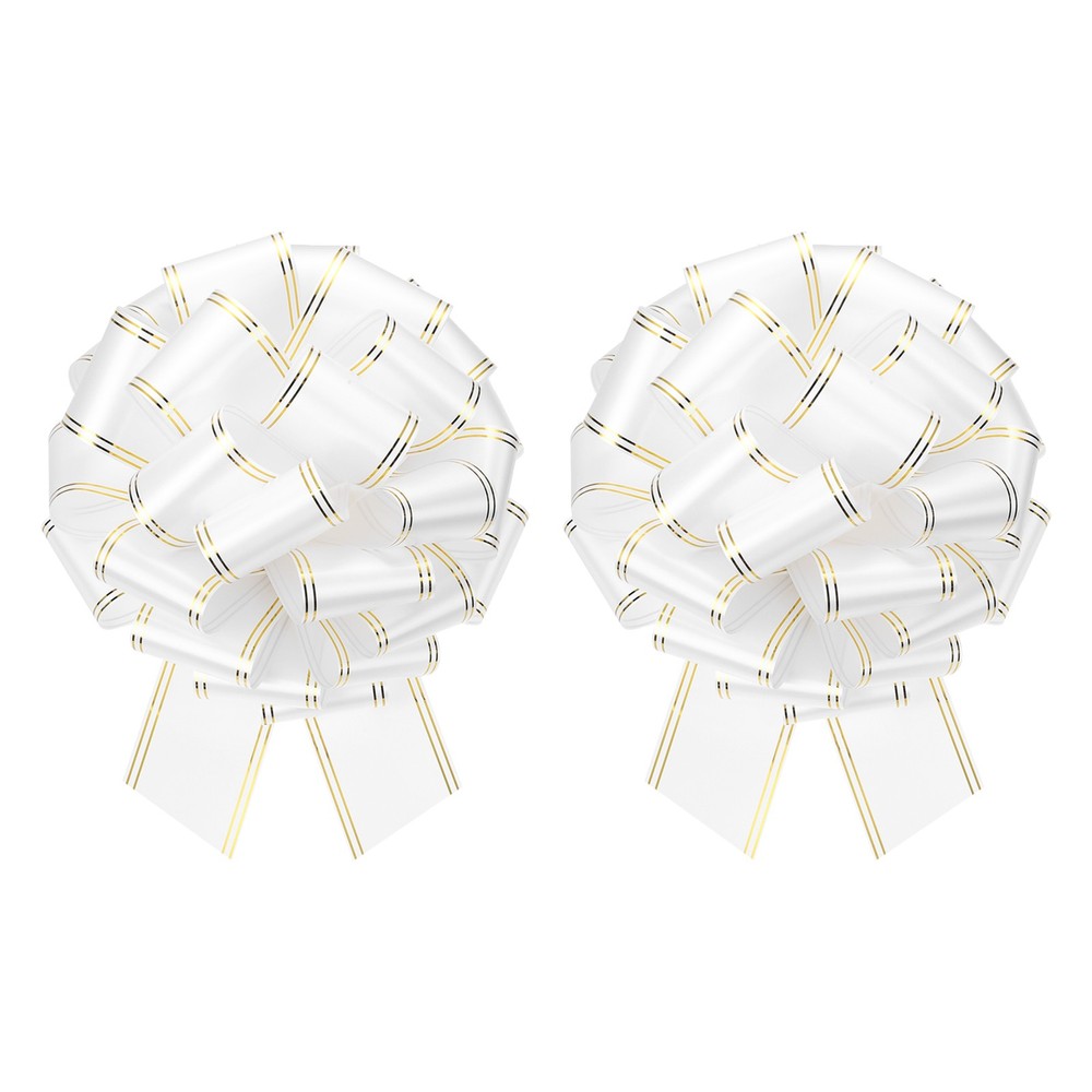 2 Pcs 10 Inch Large Pull Bow Car Ribbon with Gold Edge for Wrapping, White