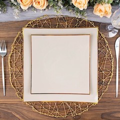 10 TAUPE 8″ Square Concave Plastic Salad Dinner PLATES Gold Rim Party Events