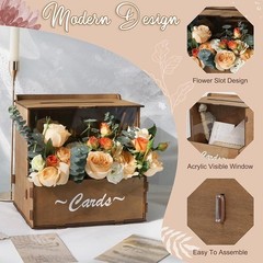 Wedding Card Box W/ Flower Trough Durable Wooden Gift Box Parties Events New