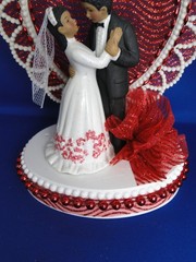 New Medium Dark skin Bride & Groom Wedding Cake Top, red decor & heart, #329