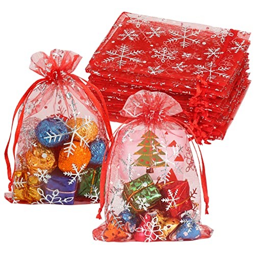 100pcs Snowflake Organza Bags Christmas 4×6 inch 1 Count (Pack of 100) Red