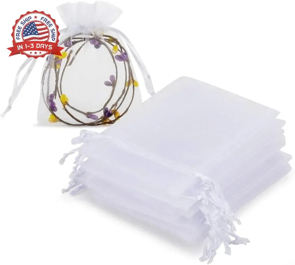 HRX Package 100pcs White Organza Jewelry Bags Drawstring 3 x 4 inch, Little Mesh