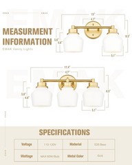 Emak Modern Gold Bathroom Light Fixtures, 2-Light Vanity Lights with Milk Gla…