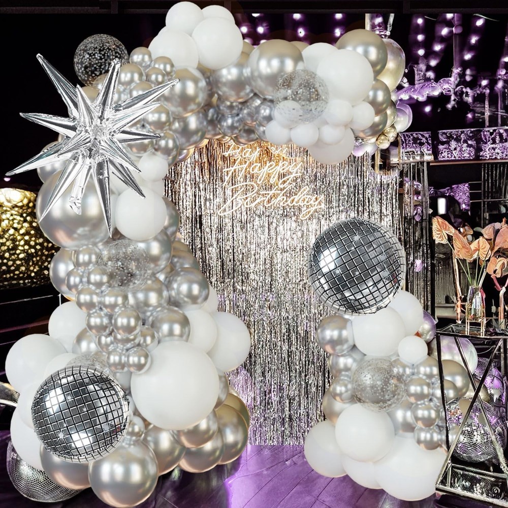 Disco Party Balloon Garland Arch Kit 134 Pcs Metallic Silver Matte White Conf…
