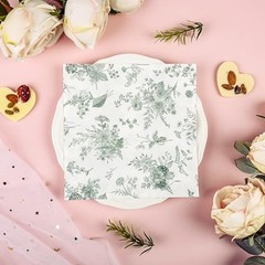 100Pcs Floral Beverage Napkins Sage Green White Disposable Paper Napkins