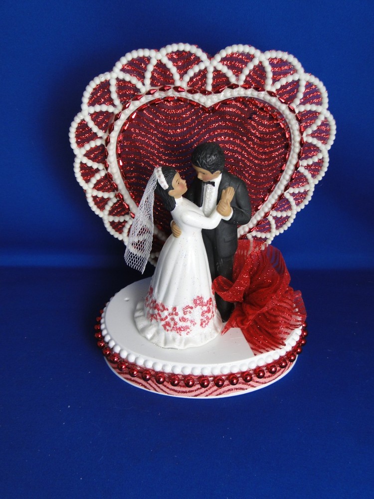 New Medium Dark skin Bride & Groom Wedding Cake Top, red decor & heart, #329