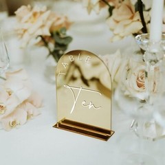 Gold Mirror Arched Wedding Table Number 1-10, 5″x7″,